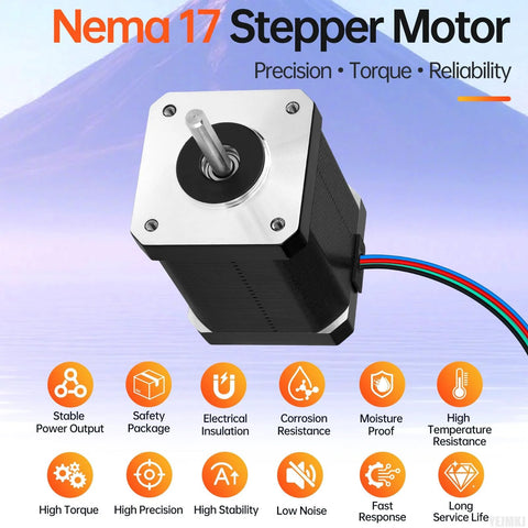NEMA 17 stepper motor, silver front plate, black body, front view with 4-wire cable.