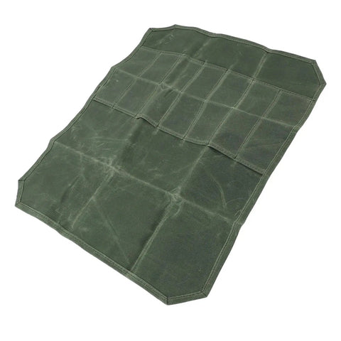 Outdoor Knife Roll Bag made from waxed canvas with tough as nails padded slots open flat in OD Green