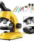 Kids Microscope Kit With LED 40X-1200X Magnification, yellow microscope with lenses, specimen slides, and tools for STEM learning.