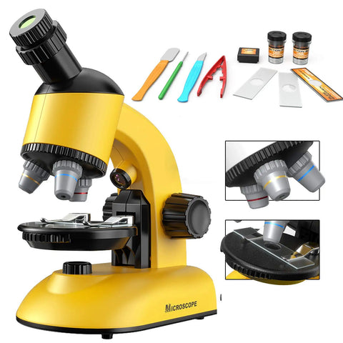 Kids Microscope Kit With LED 40X-1200X Magnification, yellow microscope with lenses, specimen slides, and tools for STEM learning.