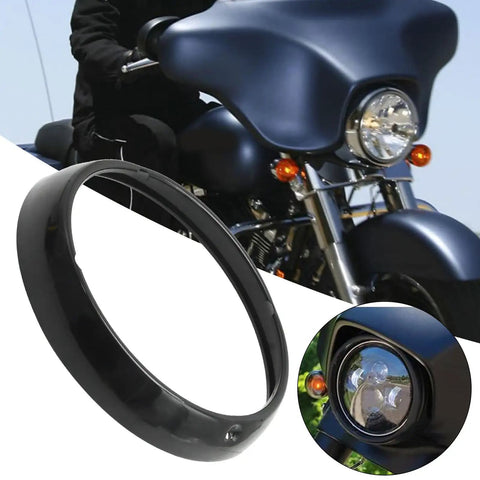 Black 7 Inch Headlamp Trim Ring Cover Replacement For Harley-Davidson Touring shown with motorcycle install