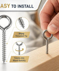 120 Pack 0.67 Inch 304 Stainless Steel Eye Screws Corrosion Resistant Threaded Fasteners Heavy Duty Hardware Top Shelf Rigging With A No Sweat Install That Handles Rough Work, showing easy twist into wood.