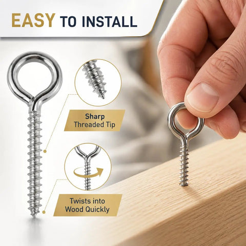 120 Pack 0.67 Inch 304 Stainless Steel Eye Screws Corrosion Resistant Threaded Fasteners Heavy Duty Hardware Top Shelf Rigging With A No Sweat Install That Handles Rough Work, showing easy twist into wood.