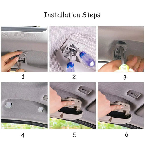 Installation steps for Custom Made Sunglasses Holder For BMW Driver Side Overhead Grab Handle Glasses Storage Box Fits 1 Series Through X7 F Chassis And G Chassis Black Easy Install Durable Car Accessory For Your Ride Glasses, showing screwdriver use and attachment to car interior.