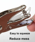 Close-up of a One Quarter Inch Circle Hole Punch, Metal Handheld Paper Punch with soft grip, showing paper disc collection feature.
