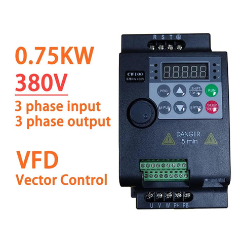 Economical Three Phase VFD Inverter 0.75kW 1.5kW 2.2kW 380V With 0 to 500Hz Output Motor Speed Vector Control Compact AC Drive for Industrial Use Ideal For Motors Fans Pumps And Machining Equipment At Workshop And Shop Floor Use. 0.75kW 380V VFD front view