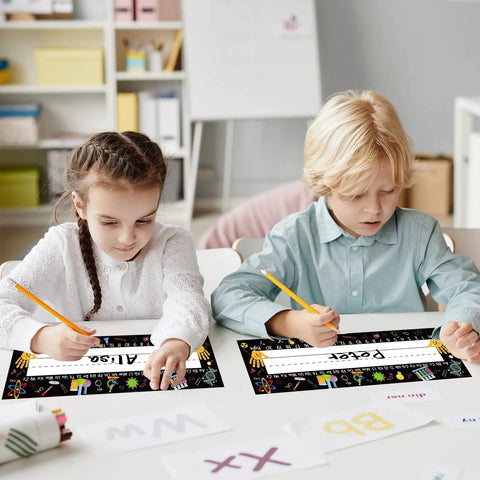 Children using 60 Piece Science Desk Name Plates For Classroom And Lab Use, Multipurpose Student Name Tags For Back To School