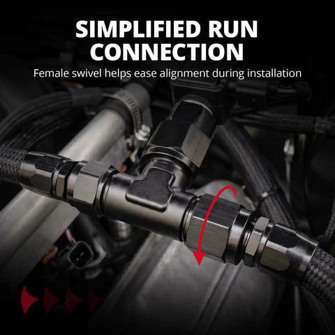 10AN Flare Male Tee Fitting Adapter With AN10 Female Swivel Beefed-Up Black Anodized 6061-T6 Aluminum For Auto High Pressure Lines 7/8-14 UNF Threads 1500 PSI Working Pressure -40 F To 250 F 37 Degree Seal installed on braided line