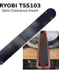 Zero Clearance Miter Saw Insert Plate For Ryobi TSS103 positioned above miter saw, showcasing its sleek black design.
