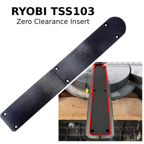 Zero Clearance Miter Saw Insert Plate For Ryobi TSS103 positioned above miter saw, showcasing its sleek black design.