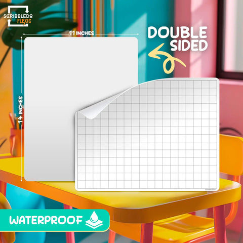 Flexible 11x14 Dry Erase Sheets For Math Practice With Quad Graph Whiteboard Sheets Classroom Pack Of 10 on colorful desk