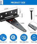 Diagram of 8 Inch T Strap Heavy Duty Shed Door Hinges showing dimensions, screw size, and features like solid cast iron and easy installation.