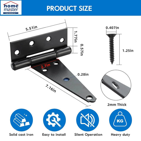 Diagram of 8 Inch T Strap Heavy Duty Shed Door Hinges showing dimensions, screw size, and features like solid cast iron and easy installation.