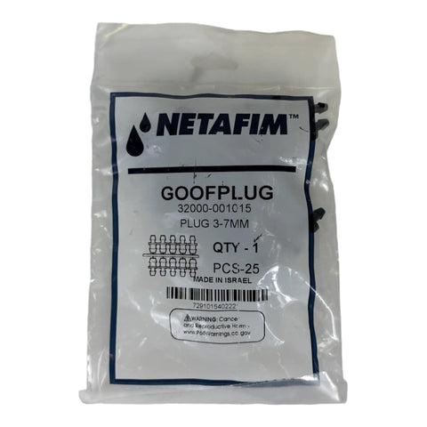 Pack of 25 Goof Plug Drip Irrigation Repair Accessory, sealed, labeled NETAFIM, for garden water lines.