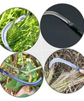 Two Piece Manganese Weeding Scythe Set For Gardening And Harvesting A Rugged Manual Tool With Sharp Blade displayed in use outdoors.