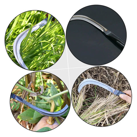 Two Piece Manganese Weeding Scythe Set For Gardening And Harvesting A Rugged Manual Tool With Sharp Blade displayed in use outdoors.