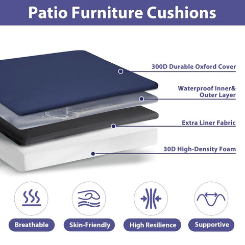All Weather Outdoor Chair Cushions Set Of Four With Ties And Handles Square 19 By 19 By 3 Inches Navy Blue Cushions For Patio Furniture Waterproof Easy Care Durable Comfy Seat Pads, showing layers including 300D Oxford cover and high-density foam