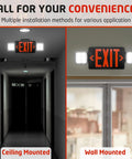 Ultra Bright LED Exit Sign With 90 Minute Battery Backup And Emergency Lights ceiling and wall mounted options shown