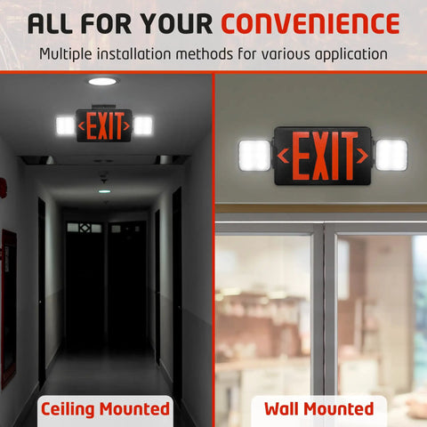 Ultra Bright LED Exit Sign With 90 Minute Battery Backup And Emergency Lights ceiling and wall mounted options shown