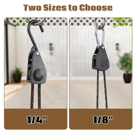 One Eighth Inch Adjustable Rope Hanger Kit With Four 12 Foot Reflective Tie Down Ropes Ratchet Straps size comparison 1/4" vs 1/8"