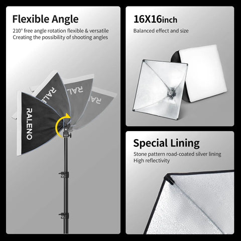 Compact 16x16 Softbox Lighting Kit With LED Bulb for TikTok and Video showing flexible angle, 16x16 size, and special silver lining.