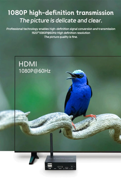 Hassle Free Wireless Kvm Extender With Hdmi No Wiring Headaches Quick Setup Sweet Long Range 1080P 60Hz Audio Video Transmitter Receiver Set For Keyboard Mouse And Usb Gear displayed with a vibrant blue bird on screen.
