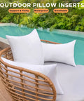 Set Of 2 12x20 Outdoor Pillow Inserts Waterproof For Patio Porch Couch And Outdoor Furniture White Rectangle Lumbar Throw Pillow Cushions Sofa Cushion Stuffers placed on wicker chair by pool