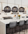Coastal Industrial Rattan Chandelier With Black Round Wicker Shade Pendant Lamp for Living Room or Bedroom over kitchen island