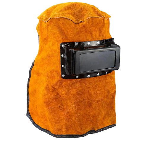 Leather Welding Hood With Flip Open Lens for Easy On Off Protection Cowhide Welding Mask Head Neck Shield front view