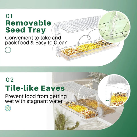 Clear Window Bird Feeder With Strong Suction Cups For Outdoors Watch Birds Up Close From Inside Your Home, No Fuss Transparent Bird House With Removable Seed Tray and Drainage Design