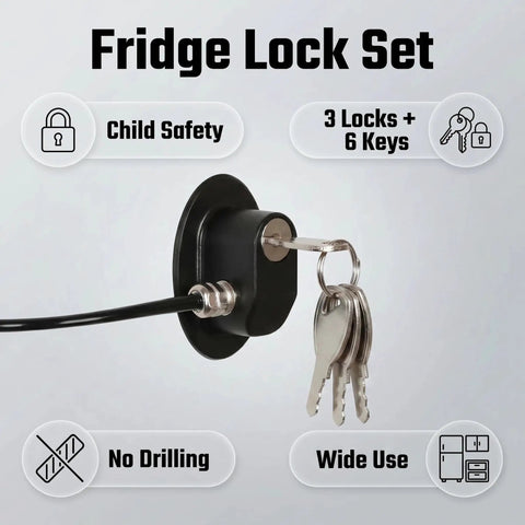Fridge Lock With 2 Keys Easy Peel And Stick No Drill Mount, showing lock with keys and child safety features.