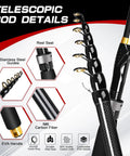 Close-up of telescopic rod details, stainless steel guides and IM6 carbon fiber, from Two Piece Telescopic Carbon Fiber Fishing Rod And Reel Set With Two Spinning Reels, Two Lines, Hooks And Bait, Portable Carry Bag, 6.9 Foot Telescoping Rod For Easy Transport And All Day Freshwater Fishing.