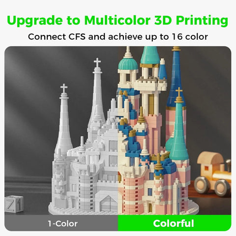 Colorful 3D printed castle model showcasing Multi Color Filament System CFS Upgrade Kit For K1 SE K1C And K1 Max 3D Printers.