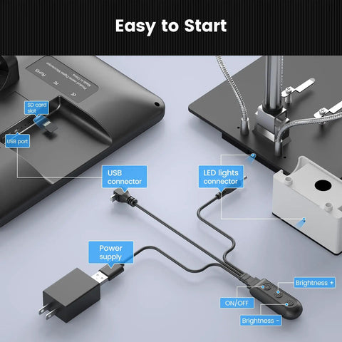 10.1 Inch LCD Digital Microscope For Soldering And Coin Inspection With 1080P Video And 12MP Photos, IPS Display, Wide Field Of View, Macro Magnification, Easy USB HD Output, Dope Tool For Electronics Tinkerers. Easy-start setup with USB, SD card, LED light, and power connectors