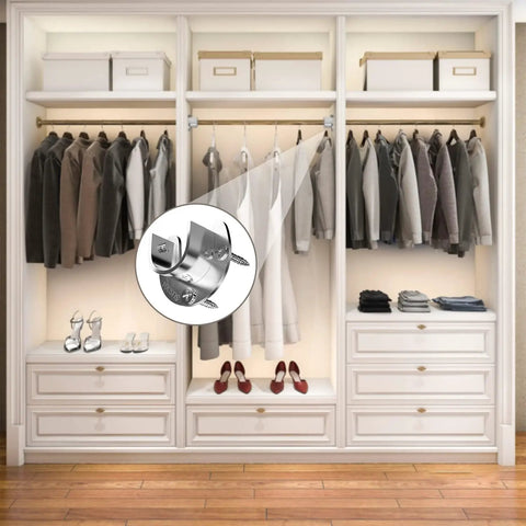 Tough As Nails Six Pack Stainless Steel Closet Rod Brackets U Shaped Heavy Duty Flange Sockets shown in modern closet setup.