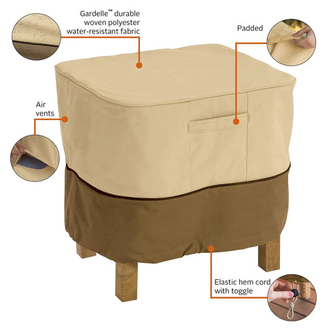 Veranda Water Resistant 26 Inch Square Patio Ottoman And Side Table Cover, showing fabric, seams, and air vents.