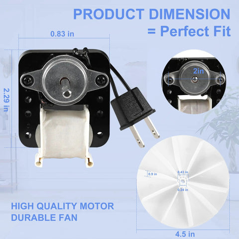 Universal Bathroom Exhaust Fan Motor Replacement Kit SM550 dimensions and design details with plug and blower wheel.