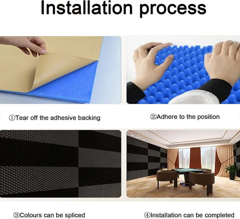 Installation process of Premium Thick Acoustic Foam Panels For Wall Soundproofing High Density Noise Reduction Pads with self adhesive backing.