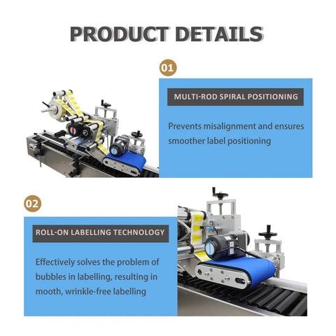 Workhorse Automatic Labeling Machine With Grippy Roller Conveyor For Easy And No Sweat Bottle Wrapping Handling Up To Sixty Labels Per Minute On Reliable 110V Shop Plug Power showing multi-rod positioning and roll-on technology.