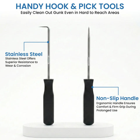 Hook and pick tools with ergonomic non-slip handles and stainless steel tips from All In One Pro Grade Ring Pliers Set 10 Piece Kit.