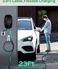 Fast Level 2 EV Charger 40 Amp 240V with NEMA 14-50 plug connected to car, 23 ft cable visible, outdoor charging