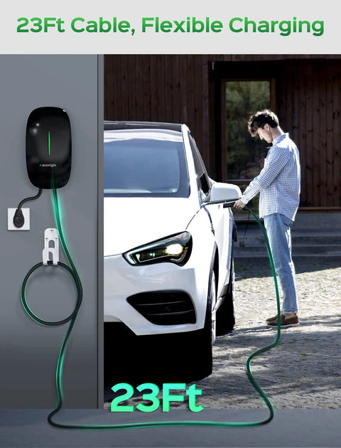 Fast Level 2 EV Charger 40 Amp 240V with NEMA 14-50 plug connected to car, 23 ft cable visible, outdoor charging