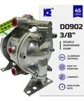 Heavy Duty 3/8 Double Air Diaphragm Pump Rock Solid Aluminum Body with visible aluminum frame and Teflon valves for chemical jobs.
