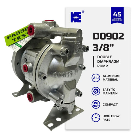 Heavy Duty 3/8 Double Air Diaphragm Pump Rock Solid Aluminum Body with visible aluminum frame and Teflon valves for chemical jobs.