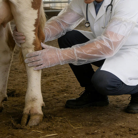 Didiseaon 150 Count Disposable Veterinary Long Sleeve Gloves With Extended Arm Length For Animal Handling Injections And Procedures used by a vet examining a cow's leg.
