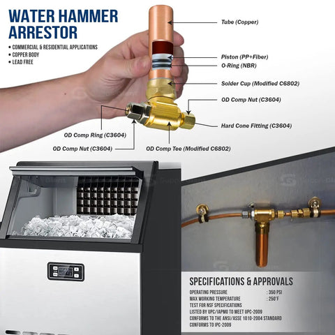 Copper 1/4 Inch Compression Tee Hammer Arrestor For Water Hammer Prevention assembled showing components and installation setup.