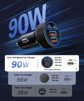 Two Pack 90W USB C Car Charger with four ports showcasing 90W output and detailed charging specifications on a dark background.
