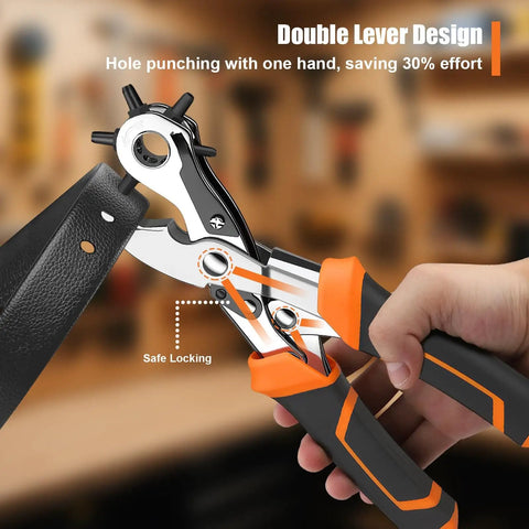 Heavy Duty Revolving Punch Plier Kit With Five Replaceable Bases And Six Punch Heads for leather belts in use