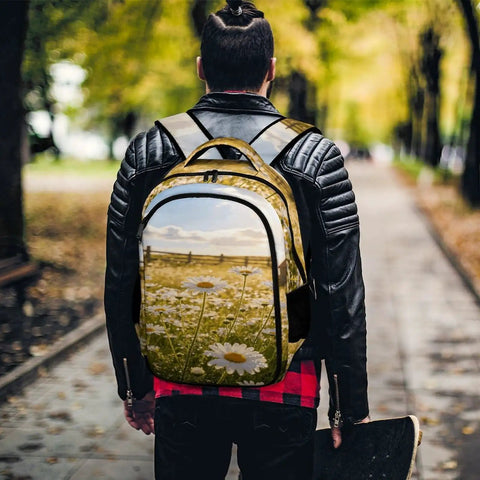 Dewy White Daisy Meadow Printed Unisex Backpack With Large Capacity For School And Travel on a person's back outdoors