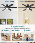 Low Profile 52 Inch Ceiling Fan With Light And Remote App Control, Dimmable LED, 3CCT, six-speed settings display
